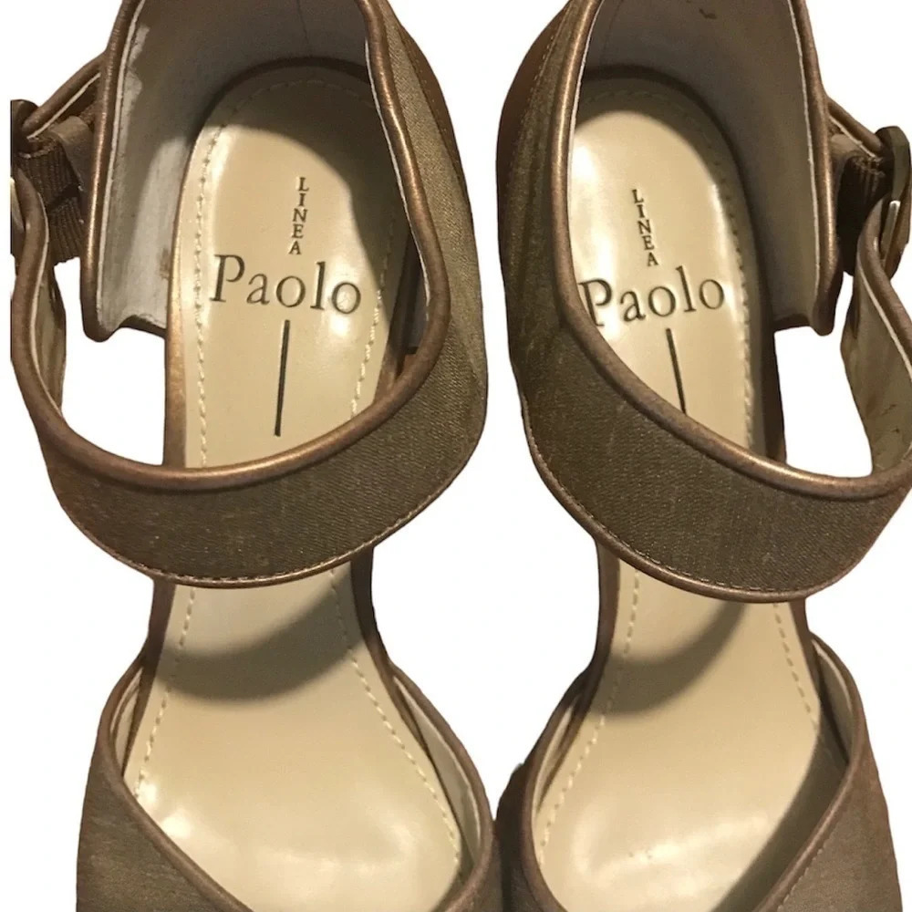 Linea Paolo Bronze Metallic Satin Block Heel Sandals - Size 8 - Picture 6 of 9